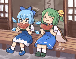 2girls blue_eyes blue_hair blush_stickers bow cirno closed_eyes commentary_request daiyousei dress eating fairy_wings food fruit hair_bow holding holding_food holding_fruit ice ice_wings multiple_girls one_side_up short_hair short_sleeves sitting smile socks touhou uzumaki_osushi veranda watermelon wings