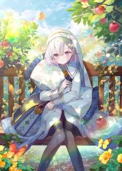 Rule 34 | 1girl, apple, apple tree, black thighhighs, bug, butterfly, collared shirt, flower, food, fruit, hair between eyes, highres, holding, holding pillow, ibara riato, insect, long sleeves, looking at viewer, on bench, original, pillow, purple eyes, shirt, short hair, sitting, smile, solo, thighhighs, tree, white hair, white headdress, yellow flower