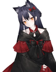 Rule 34 | 0 (znanimo), 1girl, absurdres, alternate costume, animal ears, arknights, black bow, black bowtie, black dress, black hair, bow, bowtie, dress, ear piercing, extra ears, hair between eyes, hair bow, highres, long hair, looking at viewer, piercing, red bow, red bowtie, shoulder peek, simple background, solo, texas (arknights), two-tone bow, upper body, white background, wolf ears, yellow eyes