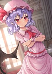 Rule 34 | 1girl, ascot, bat wings, black wings, blurry, blurry background, closed mouth, crossed arms, curtains, dutch angle, fang, hat, hat ribbon, highres, indoors, looking at viewer, mob cap, pink hat, pink shirt, pink skirt, pointy ears, purple hair, red ascot, red eyes, red ribbon, reijing etrn, remilia scarlet, ribbon, shirt, short hair, skirt, solo, touhou, window, wings, wrist cuffs