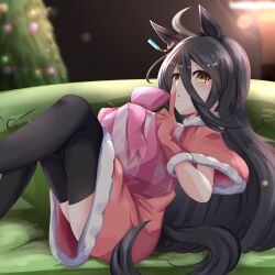 Rule 34 | 01 leesuke, 1girl, absurdres, ahoge, animal ears, black hair, black thighhighs, box, christmas, christmas present, christmas tree, couch, dress, earrings, finger to mouth, fur-trimmed dress, fur trim, gift, gift box, gloves, highres, horse ears, horse girl, horse tail, index finger raised, jewelry, long hair, looking at viewer, manhattan cafe (umamusume), multicolored hair, on couch, red dress, red gloves, santa dress, santa gloves, shushing, single earring, solo, tail, thighhighs, two-tone hair, umamusume, white hair, yellow eyes