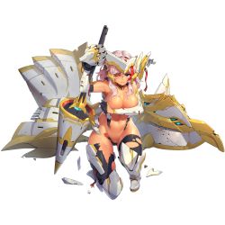 Rule 34 | 1girl, areola slip, armor, battle damage, bikini, blue eyes, blush, boots, breasts, cleavage, covering breasts, covering privates, damaged, detached collar, elbow gloves, full body, game cg, gloves, highres, jetpack, lance, lancer mina, large breasts, last origin, looking at viewer, mar10, navel, official art, on one knee, one eye closed, pink hair, polearm, shield, slingshot swimsuit, smile, solo, swimsuit, tachi-e, tan, tears, thigh boots, thighhighs, torn bikini, torn clothes, transparent background, weapon, white armor