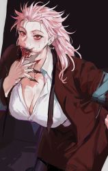 Rule 34 | 1girl, abs, blood, blush, breasts, dorohedoro, earrings, formal, highres, jewelry, large breasts, long hair, looking at viewer, muscular, muscular female, necktie, noi (dorohedoro), park ongjol, red eyes, simple background, solo, suit, white hair