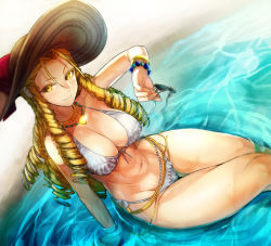 Rule 34 | 1girl, alternate costume, belly chain, bikini, blonde hair, blush, bracelet, breasts, cleavage, drill hair, from above, glasses, groin, hat, highres, holding, holding removed eyewear, jewelry, kanzuki karin, large breasts, long hair, looking at viewer, navel, necklace, nishiide kengorou, partially submerged, sitting, smile, solo, stomach, street fighter, street fighter v, sun hat, sunglasses, swimsuit, unworn eyewear, water, yellow eyes