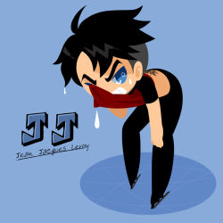 Rule 34 | 1boy, black hair, black pants, blue background, blue eyes, character name, clenched teeth, clothes lift, highres, ice skates, jean-jacques leroy, kaorin minogue, male focus, pants, shirt lift, skates, star-shaped pupils, star (symbol), sweat, symbol-shaped pupils, tattoo, teeth, yuri!!! on ice