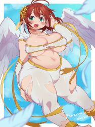 Rule 34 | 1girl, ahoge, angel, angel wings, arm behind back, arm up, blue background, blurry, blurry foreground, blush, border, breasts, bulge, collarbone, commentary request, commission, commissioner name, cross, detached sleeves, fat, feathered wings, feathers, feet out of frame, gold trim, green eyes, hair between eyes, hair ornament, highres, jewelry, large breasts, latin cross, looking at viewer, medium hair, navel, necklace, open mouth, original, outside border, sanjiro (tenshin anman), second-party source, sierra (ramzyuu), skeb commission, solo, tareme, thick thighs, thighs, torn clothes, translation request, white border, wings
