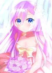 Rule 34 | bare shoulders, blue eyes, breasts, bride, cleavage, dress, flower, highres, jewelry, lilly lilium, long hair, medium breasts, necklace, nepgear, neptune (seires), neptune (series), pink hair, purple sister, rairai vortext, ribbon, smile, vail, wedding, wedding dress