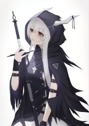 Rule 34 | 1girl, arknights, arm strap, black cloak, black dress, brown eyes, cloak, commentary, dress, grey background, hair between eyes, highres, holding, holding staff, hood, hooded cloak, horns, long hair, parted lips, shining (arknights), silver hair, simple background, solo, staff, thomas 8000, upper body, wristband