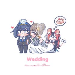 Rule 34 | 3girls, alternate hairstyle, animal ears, arm hug, black hair, blush stickers, bridal veil, brown hair, cake, chibi, commentary, dress, embarrassed, english commentary, english text, female focus, food, formal, fruit, full body, hair bun, hakos baelz, heart, highres, hololive, hololive english, instagram username, monja (monja0521), mouse ears, mouse girl, mouse tail, multiple girls, nanashi mumei, ouro kronii, pant suit, pants, pixiv username, red hair, simple background, single hair bun, strawberry, suit, sweatdrop, tail, thought bubble, twitter username, veil, virtual youtuber, wedding dress, white background, white dress, wife and wife, yuri