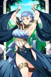 Rule 34 | 1girl, armlet, armpits, arms up, blue dress, blue hair, bracelet, braid, choker, cloud, commentary, commission, contrapposto, crown braid, dancer, dancer (fire emblem: three houses), dancing, day, dress, earrings, fire emblem, fire emblem: three houses, fire emblem heroes, hair bun, hip vent, jewelry, lindaroze, looking at viewer, marianne von edmund, nintendo, official alternate costume, pelvic curtain, single-shoulder dress, single hair bun, smile, solo, standing, thighlet, tree, yellow eyes