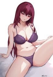 Rule 34 | 1girl, :o, absurdres, blush, bra, breasts, collarbone, fate/grand order, fate (series), fiftya, highres, large breasts, long hair, looking at viewer, navel, open mouth, panties, purple bra, purple hair, purple panties, red eyes, scathach (fate), sitting, solo, stomach, thighs, underwear, underwear only, very long hair