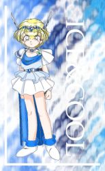 Rule 34 | 1990s (style), 1girl, akazukin chacha, blonde hair, blue dress, brooch, collar, cosplay, dress, full body, jewelry, magical princess, retro artstyle, short dress, short sleeves, standing, tagme, white footwear, winged hair ornament