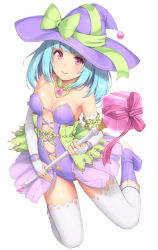 Rule 34 | 1girl, aqua hair, bell, blunt bangs, boots, bow, breasts, bridal gauntlets, casual one-piece swimsuit, detached collar, female focus, full body, gem, green bow, hat, hat bow, heart, holding, holding wand, legs up, long hair, looking at viewer, medium breasts, navel, one-piece swimsuit, original, pink eyes, purple footwear, purple hat, ribbon, sasaame, simple background, smile, solo, swimsuit, thighhighs, wand, white background, white thighhighs, witch hat