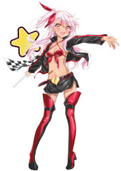 Rule 34 | 1girl, :d, belt, bikini, bikini top only, black skirt, blush, body writing, boots, breasts, checkered flag, chloe von einzbern, cleavage, collarbone, commentary request, criss-cross halter, dark-skinned female, dark skin, fate/kaleid liner prisma illya, fate (series), flag, front-tie bikini top, front-tie top, full body, hair ribbon, halterneck, heart, high heel boots, high heels, highres, holding, holding flag, long hair, long sleeves, looking at viewer, miniskirt, navel, one side up, open mouth, outstretched arms, pink hair, race queen, red bikini, red eyes, red footwear, red neckwear, ribbon, side slit, simple background, skirt, small breasts, smile, solo, stomach, swimsuit, tareme, thigh boots, thighhighs, white background, youta, zettai ryouiki