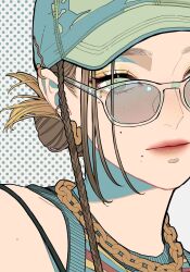 Rule 34 | 1girl, bare shoulders, baseball cap, braid, brown hair, chain, chain necklace, close-up, earrings, expressionless, eyelashes, freckles, glasses, hat, highres, hoop earrings, jewelry, keiko (um7mr1), looking at viewer, makeup, mole, necklace, original, polka dot, polka dot background, side braid, sleeveless, solo, striped clothes, striped sweater, sweater