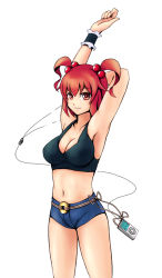 Rule 34 | 1girl, alternate costume, armpits, breasts, cleavage, contemporary, crop top, digital media player, female focus, hair bobbles, hair ornament, ipod, kin&#039;iro sakana-kan, large breasts, midriff, navel, onozuka komachi, product placement, red eyes, red hair, short hair, short shorts, shorts, solo, touhou, twintails, two side up
