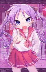 Rule 34 | 1girl, absurdres, blush, character name, dot nose, highres, hiiragi kagami, long hair, long sleeve shirt, long sleeves, lucky star, medium hair, open mouth, pleated skirt, pointing, pointing at viewer, purple eyes, purple hair, red sailor collar, red skirt, sailor, sailor collar, school uniform, serafuku, shiro nori00, skirt, solo, standing, tsurime, twintails