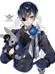 Rule 34 | 1boy, androgynous, black hair, blue flower, blue gloves, blue hair, blue rose, character name, ciel phantomhive, cropped torso, ear piercing, eyepatch, flower, gloves, hair between eyes, highres, holding, holding stuffed toy, kuroshitsuji, long sleeves, male focus, multicolored hair, parted lips, piercing, poscorn617, rose, simple background, solo, striped, stuffed animal, stuffed rabbit, stuffed toy, upper body, white background