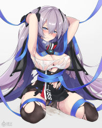 Rule 34 | 1girl, absurdres, areola slip, armpits, arms up, artist logo, artist name, azur lane, black bodysuit, black dress, black gloves, black thighhighs, blue cape, blue eyes, blue ribbon, blue rope, blush, bodysuit, bodysuit under clothes, bound, bound legs, bound torso, bound wrists, breasts, cape, cleavage, commentary request, covered erect nipples, crying, crying with eyes open, dress, eyebrows hidden by hair, full body, gloves, gluteal fold, grey hair, hair between eyes, hair ornament, heart, heart-shaped pupils, heavy breathing, highres, intrepid (azur lane), kuroba chihiro, large breasts, long hair, looking at viewer, mole, mole on breast, navel, nose blush, parted lips, pee, peeing, peeing self, restrained, ribbon, rope, seiza, shibari, shibari over clothes, sidelocks, simple background, sitting, skindentation, sleeveless, sleeveless dress, solo, strap, sweat, symbol-shaped pupils, tears, thighhighs, torn bodysuit, torn cape, torn clothes, torn dress, torn thighhighs, twintails, very long hair, white background