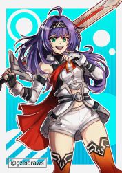Rule 34 | 1girl, ahoge, armband, belt, black armband, blue eyes, blue hair, cape, elbow gloves, fingerless gloves, fire emblem, fire emblem: path of radiance, fire emblem heroes, gloves, gzei, headband, highres, holding, holding sword, holding weapon, long hair, mia (fire emblem), navel, nintendo, open mouth, short shorts, shorts, smile, solo, sword, teeth, thighhighs, upper teeth only, watermark, weapon, white gloves, wristband