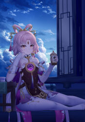 Rule 34 | 1girl, absurdres, apron, bare shoulders, bench, bird, bubble tea, chinese clothes, cloud, cloudy sky, constellation, cup, facial mark, feet, forehead mark, fu xuan (honkai: star rail), gold trim, gradient eyes, hand on own cheek, hand on own face, highres, holding, holding cup, honkai: star rail, honkai (series), light blush, light smile, looking at food, low twintails, multicolored eyes, on bench, pink hair, pink ribbon, pink rope, purple tassel, ribbon, rope, sitting, sky, skym (kumei), smile, solo, table, tablecloth, tassel, teacup, thighhighs, thighs, twintails, waist apron, white sleeves, white thighhighs, wooden bench, wooden table