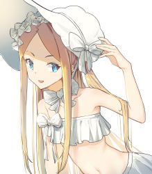 Rule 34 | 1girl, abigail williams (fate), abigail williams (swimsuit foreigner) (fate), abigail williams (swimsuit foreigner) (third ascension) (fate), bare shoulders, bikini, blonde hair, blue eyes, bonnet, bow, fate/grand order, fate (series), forehead, hair bow, highres, long hair, miniskirt, navel, open mouth, parted bangs, sidelocks, skirt, smile, solo, swimsuit, twintails, vchan, very long hair, white bikini, white bow, white headwear