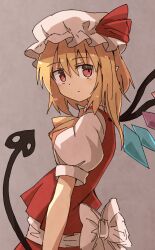 Rule 34 | 1girl, absurdres, ascot, back bow, blonde hair, bow, closed mouth, cowboy shot, crystal, dot mouth, dot nose, flandre scarlet, from side, hat, highres, laevatein (touhou), large bow, looking at viewer, looking to the side, medium hair, mob cap, multicolored wings, pointy ears, puffy short sleeves, puffy sleeves, red eyes, red skirt, red vest, shirt, short sleeves, skirt, skirt set, solo, tksand, touhou, vest, white bow, white hat, white shirt, wings, yellow ascot
