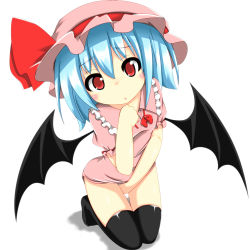 Rule 34 | 1girl, bat wings, black legwear, blue hair, blush, hat, looking at viewer, nyt, open mouth, remilia scarlet, shadow, shiny skin, short hair, simple background, solo, touhou, vampire, white background, wings