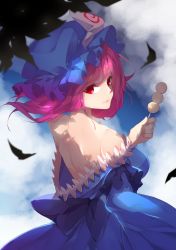 Rule 34 | 1girl, absurdres, back, bare shoulders, blue dress, blue hat, blue sky, breasts, chiroru (cheese-roll), cloud, commentary request, dango, day, dress, food, frilled dress, frills, hat, highres, holding, holding food, large breasts, leaf, lips, looking at viewer, mob cap, off shoulder, outdoors, parted lips, pink hair, red eyes, saigyouji yuyuko, sanshoku dango, short hair, shoulder blades, sky, solo, touhou, triangular headpiece, upper body, wagashi
