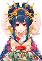 Rule 34 | 1girl, :q, black hair, blue kimono, blue nails, brown kimono, closed mouth, commission, copyright request, fang, fang out, floral background, floral print, hair bun, hands up, highres, holding, japanese clothes, kimono, long sleeves, looking at viewer, multicolored hair, nail polish, nekozuki yuki, petals, petals on liquid, print kimono, red eyes, red hair, round image, signature, skeb commission, smile, solo, streaked hair, tongue, tongue out, upper body, watermark, white background, wide sleeves