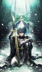 Rule 34 | 1boy, 1girl, armor, blue eyes, blue hair, byleth (fire emblem), byleth (male) (fire emblem), closed mouth, fire emblem, fire emblem: three houses, green hair, hair ornament, holding, holding sword, holding weapon, long hair, mura karuki, nintendo, on one knee, petals, pointy ears, short hair, sitting, sothis (fire emblem), sword, throne, tiara, weapon