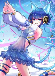 Rule 34 | 1girl, animal ears, bare shoulders, blue eyes, blue hair, blue panties, cat ears, cat tail, covered navel, cracking knuckles, crop top, detached sleeves, duel monster, feet out of frame, hands up, highres, long sleeves, midriff, multiple tails, nail polish, navel, ni-ni the mirror mikanko, noppe, panties, see-through, see-through skirt, short hair with long locks, sidelocks, skirt, solo, tail, two tails, underwear, yu-gi-oh!