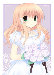 Rule 34 | 1girl, blonde hair, bouquet, dress, flower, green eyes, kanna ryouto, long hair, rose, solo, white rose