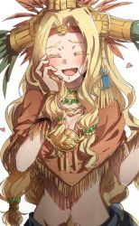 Rule 34 | 1girl, :d, ^ ^, blonde hair, blush, breasts, chibirisu, circlet, cleavage, closed eyes, closed eyes, fate/grand order, fate (series), hand on own cheek, hand on own face, heart, highres, jewelry, midriff, navel, open mouth, quetzalcoatl (fate), smile, solo, wavy mouth