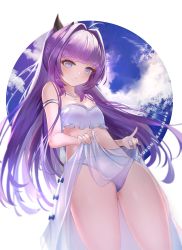 Rule 34 | 1girl, azur lane, bikini, blue eyes, blue sky, blush, breasts, closed mouth, cloud, commentary, grey bikini, hair ribbon, jewelry, lifting own clothes, long hair, looking at viewer, looking down, mujinbensin, mujinbi, navel, necklace, ponytail, purple hair, revision, ribbon, sky, small breasts, smile, solo, swimsuit, tashkent (azur lane), thighhighs, thighs, very long hair, white background