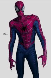 Rule 34 | absurdres, bodysuit, formal, highres, looking at viewer, male focus, marvel, mask, red bodysuit, rxzarx, signature, simple background, solo, spider-man (series), standing, suit