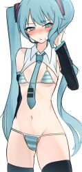 1girl aqua_bikini aqua_eyes aqua_hair aqua_necktie between_breasts bikini black_sleeves blush borrowed_design breasts detached_sleeves hair_ornament hand_on_own_head hatsune_miku highres horizontal-striped_bikini long_hair looking_at_viewer meme_attire micro_bikini miku_collar_bikini necktie necktie_between_breasts re_lura simple_background solo standing striped_bikini striped_clothes swimsuit thighhighs tie_clip twintails two-tone_bikini very_long_hair vocaloid white_background