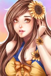 Rule 34 | bare shoulders, bow, breasts, brown eyes, brown hair, cleavage, eyelashes, flower, hair ornament, joyo, league of legends, leona (league of legends), lipstick, makeup, one-piece swimsuit, open mouth, outline, pool party leona, resolution mismatch, riot games, solo, source larger, sunflower, swimsuit, upper body, yellow one-piece swimsuit
