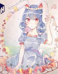 Rule 34 | 1girl, animal ears, artist name, blue dress, blue hair, blush, closed mouth, collarbone, crescent print, dated, dress, earclip, frilled dress, frilled sleeves, frills, hair between eyes, highres, long hair, looking at viewer, mozukuzu (manukedori), rabbit ears, rabbit tail, red eyes, seiran (touhou), short sleeves, signature, solo, star (symbol), star print, tail, touhou, traditional media