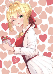 Rule 34 | 1girl, ;p, absurdres, ahoge, akagikou, apron, blonde hair, blush, bow, box, braid, closed mouth, collared shirt, commentary request, fate/extra, fate (series), gift, gift box, green eyes, hair bow, hair bun, hair intakes, heart, heart background, highres, holding, holding gift, long sleeves, looking at viewer, looking to the side, nero claudius (fate), nero claudius (fate) (all), nero claudius (fate/extra), one eye closed, pleated skirt, red apron, red bow, shirt, sidelocks, single hair bun, skirt, smile, solo, thank you, tongue, tongue out, white background, white shirt, white skirt