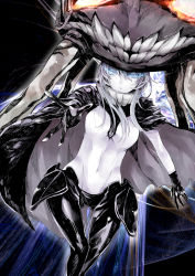 Rule 34 | 10s, 1girl, abyssal ship, atoshi, black gloves, blue eyes, bodysuit, breasts, cape, covered navel, gloves, glowing, glowing eye, grey eyes, kantai collection, light trail, long hair, looking at viewer, outstretched arm, outstretched hand, pale skin, personification, silver hair, solo, staff, teeth, tentacles, thighhighs, wo-class aircraft carrier