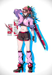 Rule 34 | 1girl, alternate costume, black gloves, black shorts, blush, clenched hand, cropped jacket, fingerless gloves, flower, gloves, hair flower, hair ornament, high heels, highres, holding, holding sword, holding weapon, in mouth, jacket, jeffraeson, looking at viewer, loose socks, midriff, navel, nijisanji, nijisanji en, pink hair, pink jacket, plant, red flower, red rose, rose, rosemi lovelock, shorts, socks, solo, sword, thorns, tube socks, vines, virtual youtuber, weapon