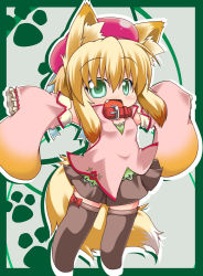 Rule 34 | 1girl, animal ears, bad id, bad pixiv id, blonde hair, brown hair, collar, detached sleeves, dog ears, dog tail, fang, green eyes, hat, kuroneko liger, multicolored hair, original, outstretched arms, sidelocks, skirt, solo, spread arms, tail, thighhighs, two-tone hair, zettai ryouiki
