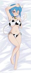 Rule 34 | 1girl, animal print, arm above head, armpits, artist request, bed, bell, blue hair, blush, breasts, collar, cow girl, cow horns, cow print, cow tail, highres, horns, jashin-chan dropkick, large breasts, looking at viewer, lying, minos (jashin-chan dropkick), navel, neck bell, on back, on bed, one eye closed, panties, parted lips, red eyes, short hair, side-tie panties, smile, solo, source request, tail, teeth, underboob, underwear, underwear only