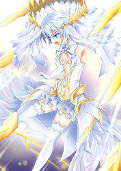 Rule 34 | &gt; o, 1girl, absurdres, angry, armpits, bare shoulders, blue eyes, breasts, cleavage, cleavage cutout, clothing cutout, commentary, commentary request, crown, date a live, detached collar, dress, elbow gloves, flying, from side, gloves, highres, light rays, looking to the side, one eye closed, open mouth, short hair, silver hair, small breasts, solo, thighhighs, tobiichi origami, veil, white dress, white gloves, white thighhighs