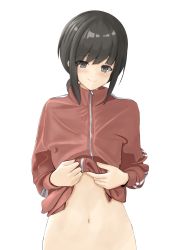 Rule 34 | 1girl, absurdres, black eyes, black hair, clothes lift, commentary request, disuto, fubuki (kancolle), highres, jacket, jacket lift, kantai collection, long hair, looking at viewer, low ponytail, navel, out-of-frame censoring, ponytail, red jacket, short ponytail, sidelocks, solo, track jacket, upper body