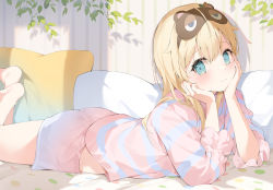 Rule 34 | 1girl, blonde hair, blush, closed mouth, eye mask, from side, hair between eyes, hana mori, head rest, highres, hololive, kazama iroha, long hair, long sleeves, looking at viewer, looking to the side, lying, mask, mask on head, on back, on bed, pillow, pink shirt, pink shorts, plant, shirt, shorts, smile, solo, striped clothes, striped shirt, virtual youtuber