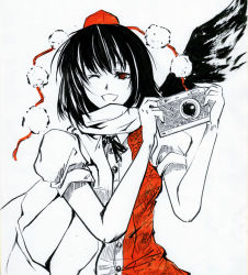 Rule 34 | 1girl, black wings, camera, female focus, hat, monochrome, one eye closed, pom pom (clothes), red theme, scarf, shameimaru aya, smile, solo, spot color, tokin hat, tomasu, touhou, tsurukame, wings, wink