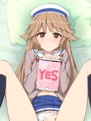 Rule 34 | 10s, 1girl, asterisk (asterism), bed, cardigan, clothes lift, clothing aside, heart, heart-shaped pupils, high school fleet, implied sex, long hair, looking at viewer, lying, navel, nosa kouko, on back, on bed, out-of-frame censoring, panties, panties aside, pillow, school uniform, serafuku, skirt, skirt lift, solo, spread legs, symbol-shaped pupils, tablet pc, underwear, white panties, yes