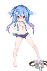 Rule 34 | 1girl, :p, animal ears, azur lane, barefoot, bikini, bikini top only, blue hair, blue shirt, blue shorts, blush, breasts, brown eyes, rabbit ears, crop top, full body, hair ornament, hairclip, highres, legs, legs apart, long hair, minazuki (azur lane), navel, open clothes, open shirt, pink bikini, shirt, short shorts, short sleeves, shorts, simple background, small breasts, smile, solo, swimsuit, tail, the hermit, toes, tongue, tongue out, white background